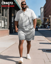 Big & Tall Men's Business Light Gray Line Gradient Print Short-sleeved Polo Shirt Shorts Suit